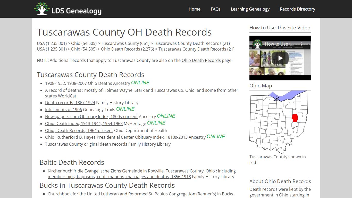 Tuscarawas County OH Death Records - LDS Genealogy