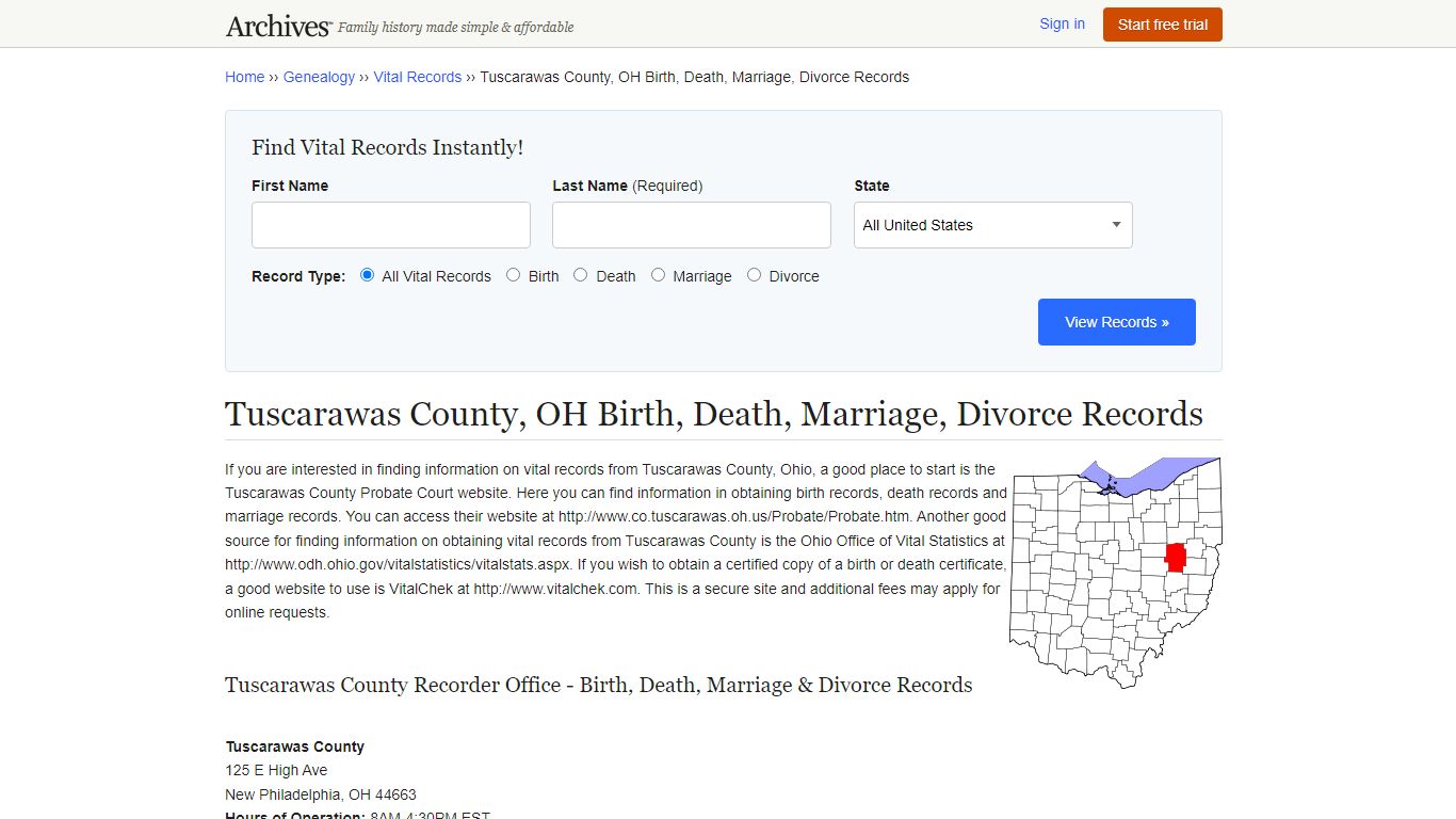 Tuscarawas County, OH Birth, Death, Marriage, Divorce Records